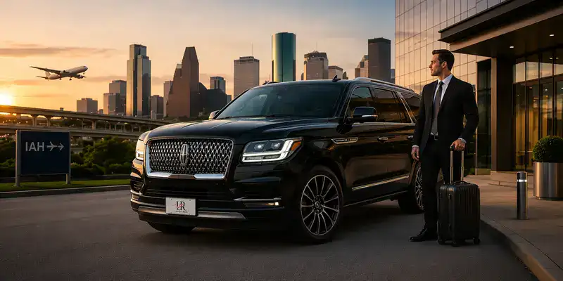 Business traveler standing beside a luxury Lincoln Navigator with Lavish Ride branding outside IAH Airport in Houston.